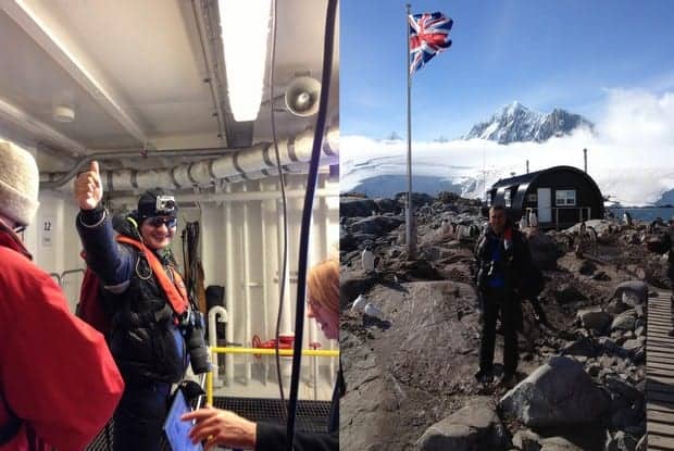 Man standing on a small ship cruise deck and man standing in front of research station in Antarctica. 
