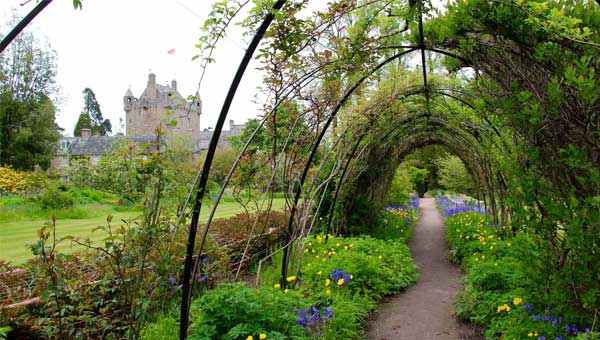 Stone path lined by bright green shrubs & purple & yellow flowers with vines growing overhead leads to a castle on a European river cruise.