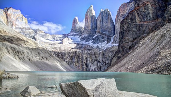 The glacial lake at the end of the Patagonia Towers Base Hike with famous mountains towering above.