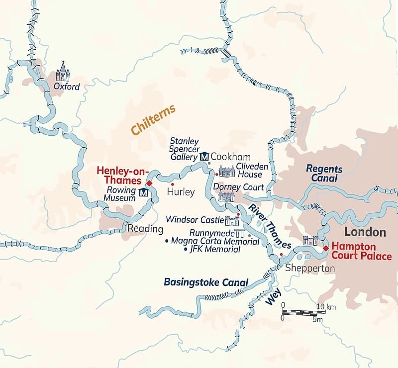Route map of Classic England River Thames Cruise, operating between London & Henley-on-Thames, with overland transit to end in London, and visits to Hampton Court Palace, Runnymede, Windsor, Cliveden & Hurley.