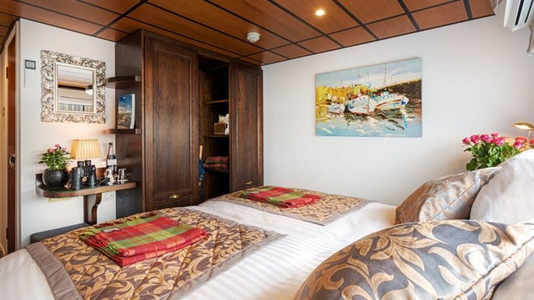 View from double bed back toward ensuite bathroom & large closet aboard Shannon Princess barge.