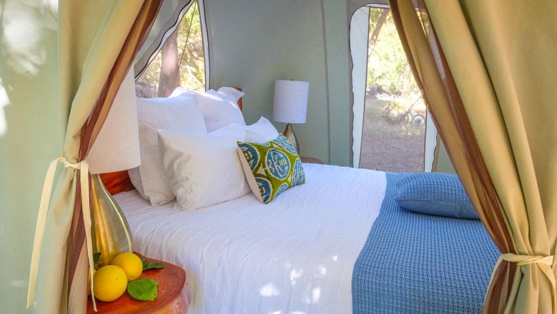 Canvas green and beige Baja glamping tent at Camp Cecil de la Sierra, with wooden tables, wired lamps, king bed & nice white-&-blue linens.