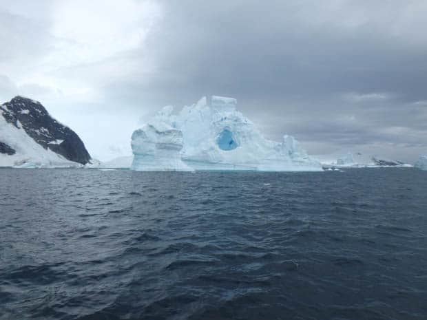 Icebergs seen from a small ship cruise in Antarctica. 