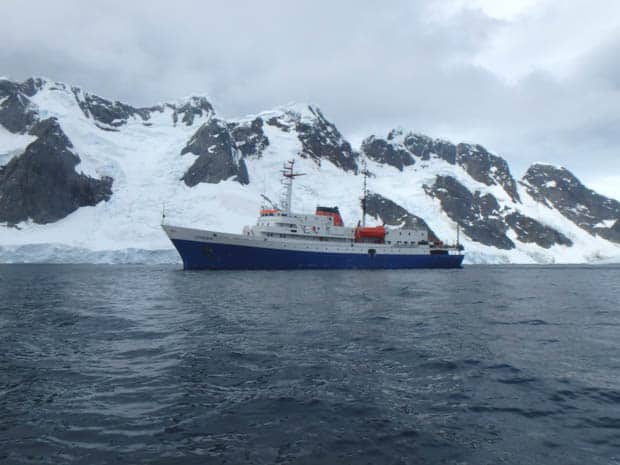 Small expedition cruise ship in Antarctica. 