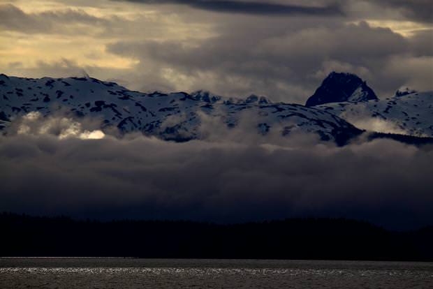 Cloudy sunset seen from a small ship cruise in Alaska. 