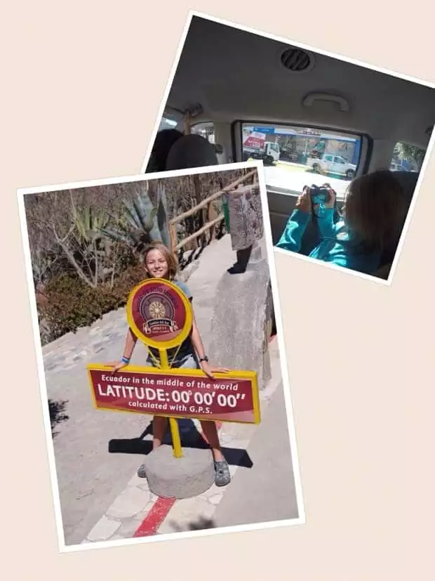 collage showing a female solo traveler taking a photo from a tour van in quito, and a girl standing at the zero latitude maker in ecuador