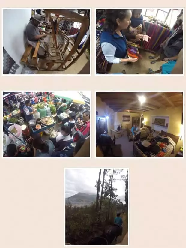 collage showing vendors with their goods in quito, ecuador as well as hotel interior images
