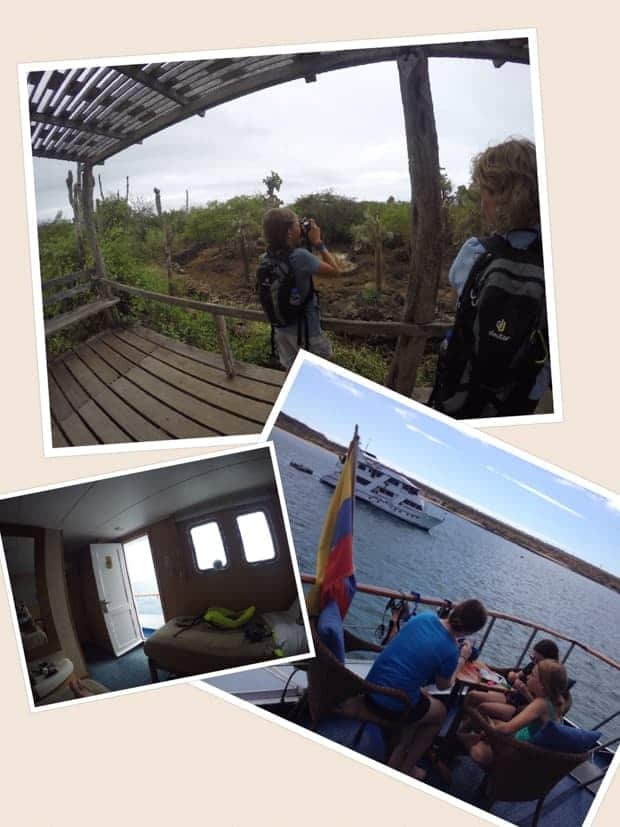 collage showing a girl taking a picture of the galapagos islands, interior hotel shot, and travelers eating on a sun deck of a luxury small ship