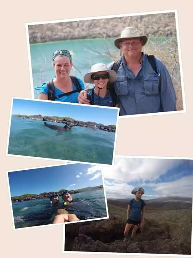 collage showing a family posing on a sunny day, galapagos sea lion, snorkelers and hiking