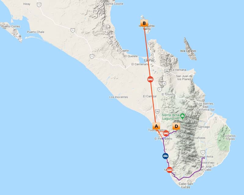 Route map of Seas & Sierra: Glamping Baja California Sur land tour, operating round-trip from San Jose del Cabo, Mexico, north to Isla Espiritu Santo, then back south to Todos Santos & La Sierra de la Laguna.