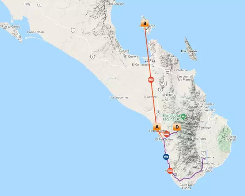 Route map of Seas & Sierra: Glamping Baja California Sur land tour, operating round-trip from San Jose del Cabo, Mexico, north to Isla Espiritu Santo, then back south to Todos Santos & La Sierra de la Laguna.