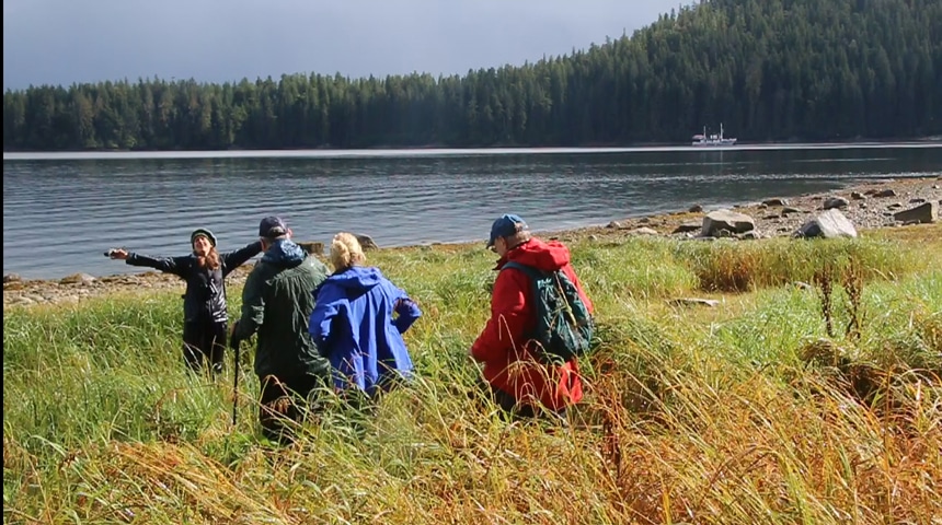 A shore excursion on a small ship Alaska cruise, the naturalist guide opens her arms wide as three guests walk toward her through a grassy field, in the distance small ship catalyst floats on water intron of a forested hillside.