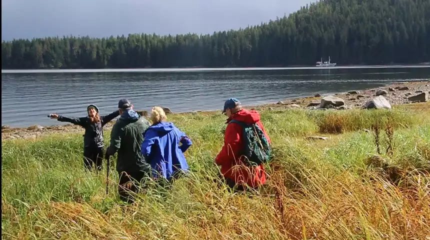 A shore excursion on a small ship Alaska cruise, the naturalist guide opens her arms wide as three guests walk toward her through a grassy field, in the distance small ship catalyst floats on water intron of a forested hillside.