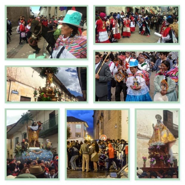 Groups of local people in Cusco at a Corpus Cristi festival with traditional clothing, holding statues of patron saints, parade and music.