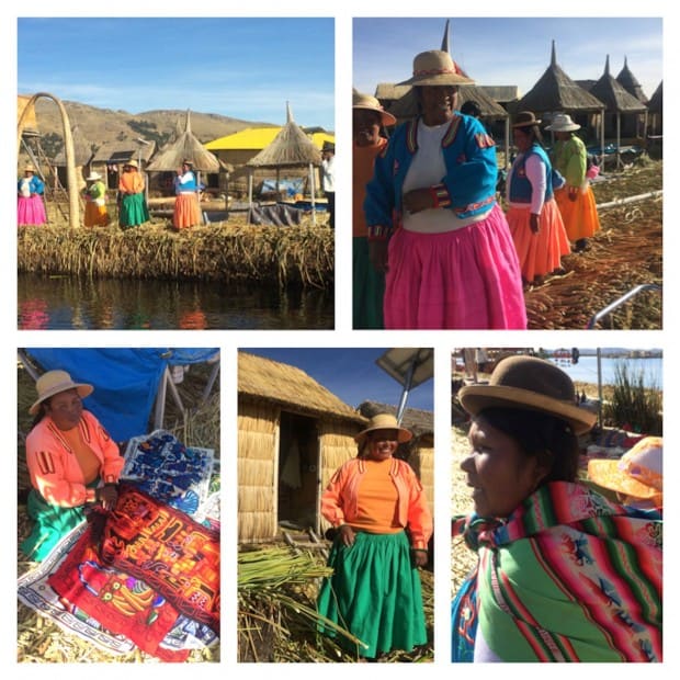 Floating reed islands on Lake Titicaca with the Uru people in traditional clothing and thatched huts and colorful textiles.