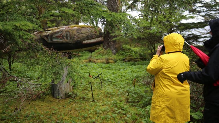 A woman in a long yellow rain jacket stands in a lush green forest and takes a photo of a wooden Totem sculpture of a whale.