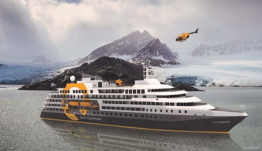 A rendering of the brand new polar expedition ship Ultramarine grey white and yellow with its onboard helicopter flying overhead.