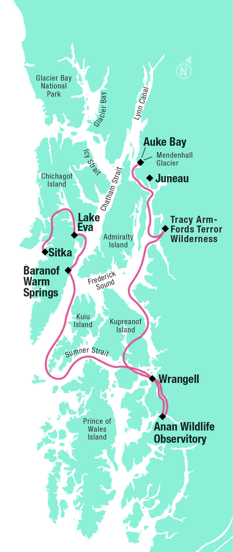 Route map of Alaska Bear Country & Wilderness Expedition cruise operating between Sitka & Juneau with visits to Baranof Island, Wrangell, Tracy Arm-Fords Terror Wilderness & more.