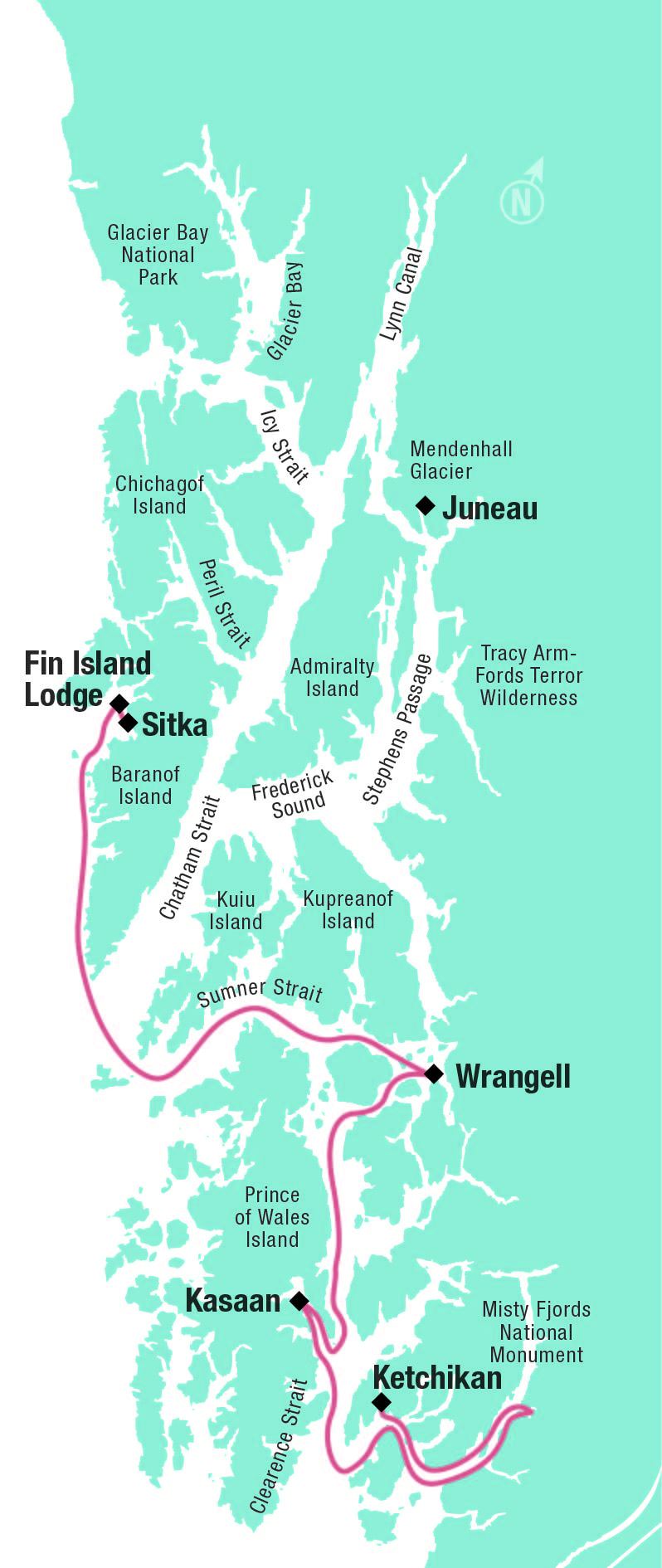 Route map of Alaska Coastal Discoveries & Culture cruise between Sitka & Ketchikan with visits to Baranof Island, Wrangell, Misty Fjords & more.