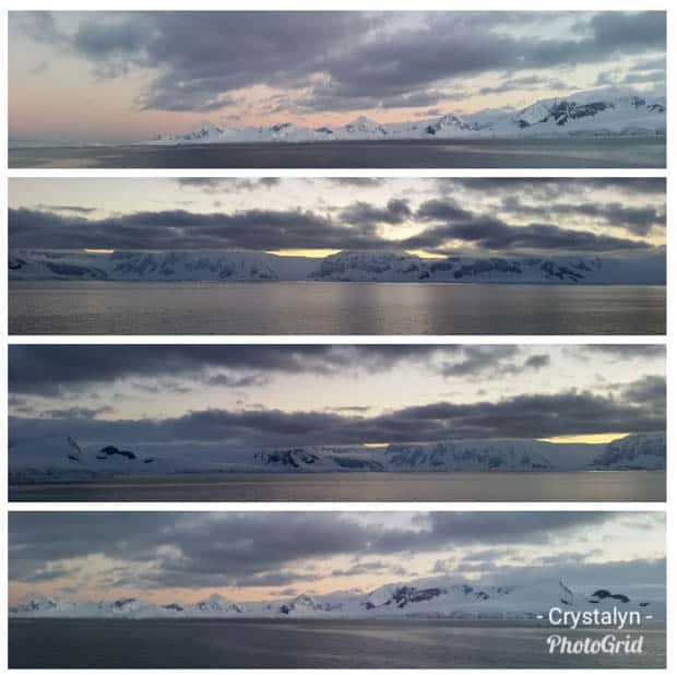 4 panoramic landscape shots of Antarctica with the sun setting. 
