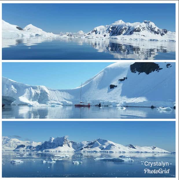 Three landscape photos of the varying snowy mountains in Antarctica with a small cruise ship in the middle. 
