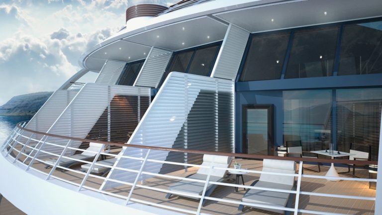 Rendering of terrace with 2 lounge chairs & table on Le Commandant Charcot hybrid electric ship.