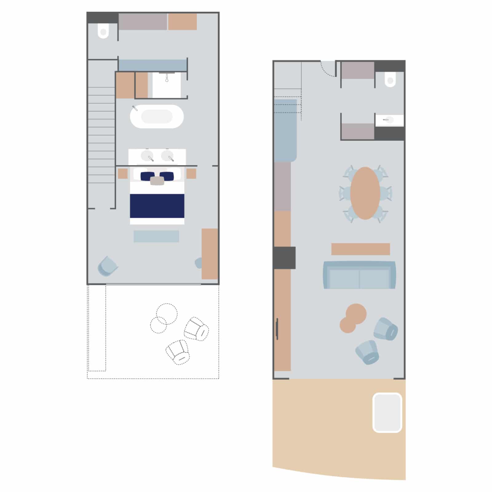 Layout of Duplex Suite aboard Le Commandant Charcot hybrid electric ship with two floors connected by stairs, double bed, couches & 2 separate seating areas, 2 bathrooms (1 with tub), walk-in closet, kitchen table & chairs & large doorway to a balcony with a hot tub.