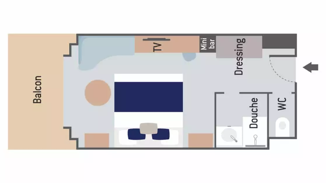 Layout of Prestige Stateroom aboard Le Commandant Charcot hybrid electric ship with double bed, couch, bathroom & closet.