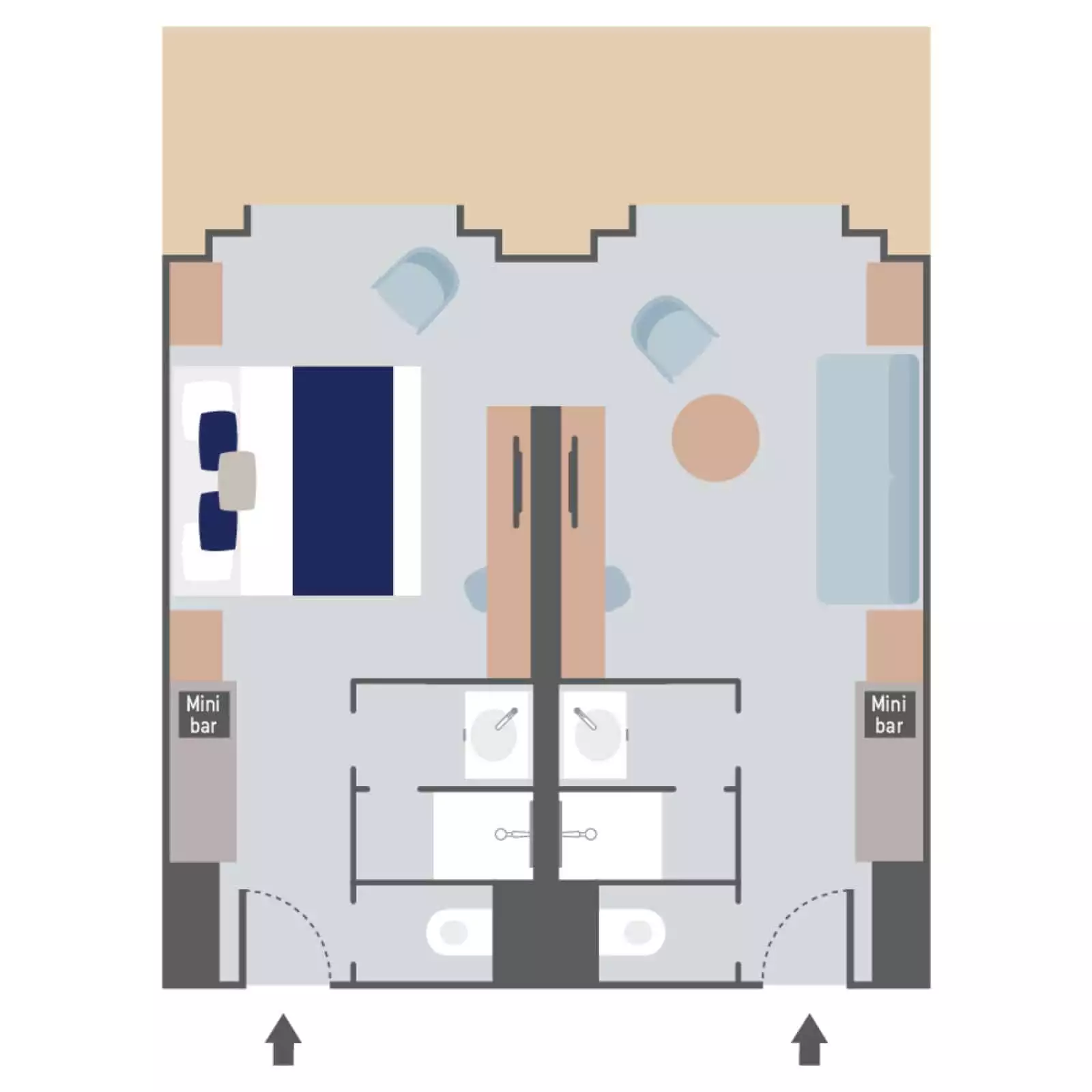 Layout of Prestige Suite aboard Le Commandant Charcot hybrid electric ship with interconnecting rooms, double bed, couch, 2 bathrooms, 2 closets & 2 doorways to a double balcony.