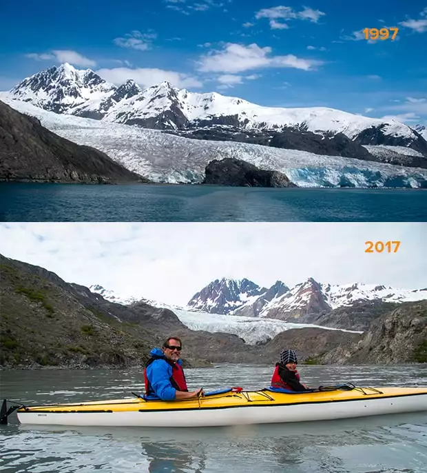 At the top, a large snowy Alaskan glacier on a sunny day, and at the bottom, and man and boy in a kayak in front of the same glacier, but with much less snow