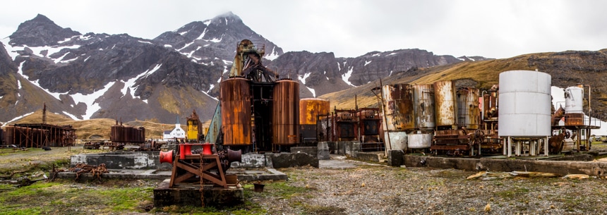 several old, rusted, and abandoned pieces of whaling machinery in grytviken, south georgia, antarctica