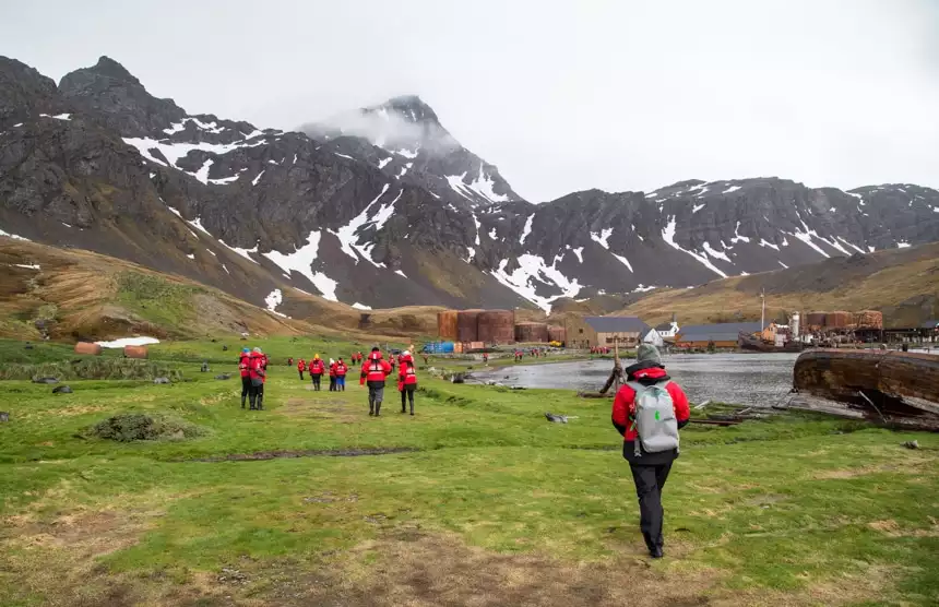 a group of people of walking along the lush, green shoreline in antarctica with buildings and mountains in the background