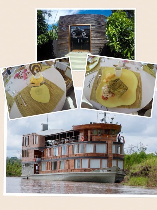 Collage of pictures from the Delfin II small ship Amazon cruise and the meals aboard. 