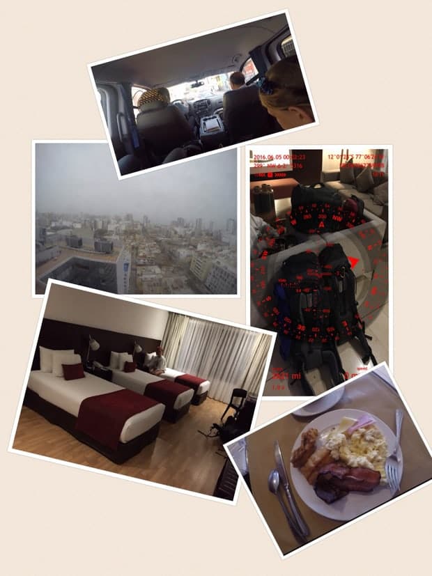 Collage of photos taken in Peru including hotel room beds, view, meal, and luggage. 