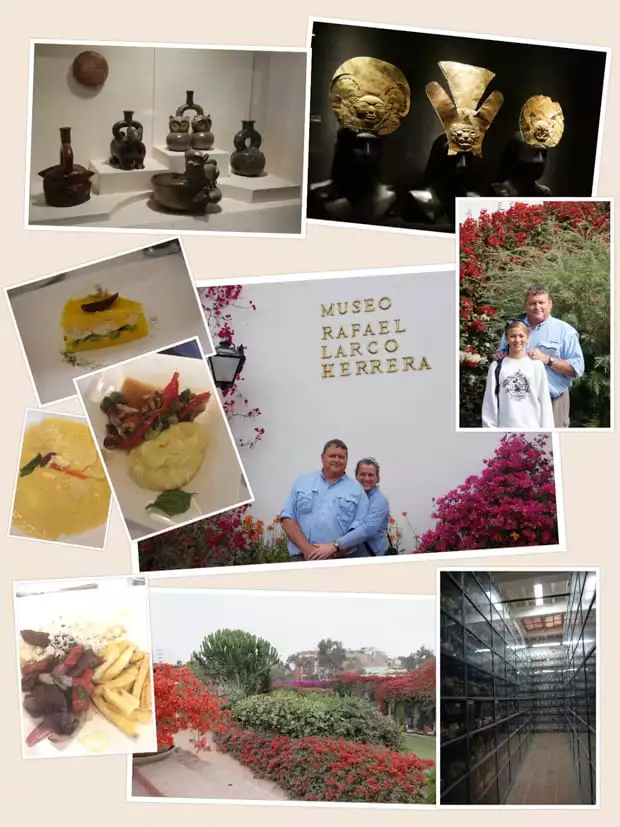 Collage of photos from the Museo Rafael Larco Herrera and their lunch. 
