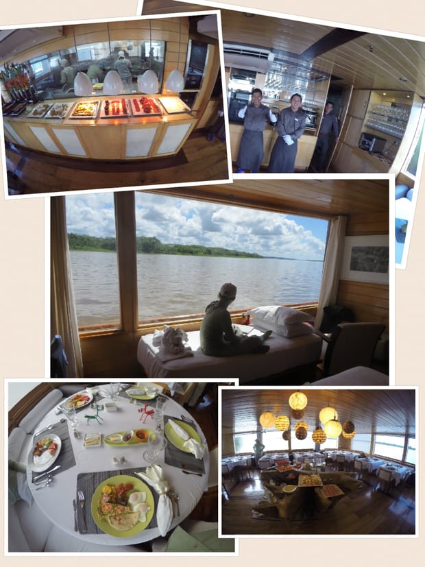 Collage of taken aboard the small ship cruise Delfin II in the Amazon including the buffet, crew, bed next to a window, dining room, and breakfast. 