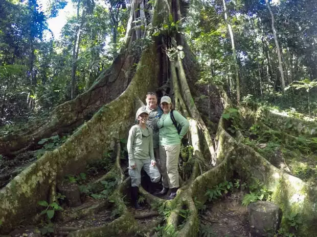 Family in front of the giant roots of a tree in the Amazon forest. 