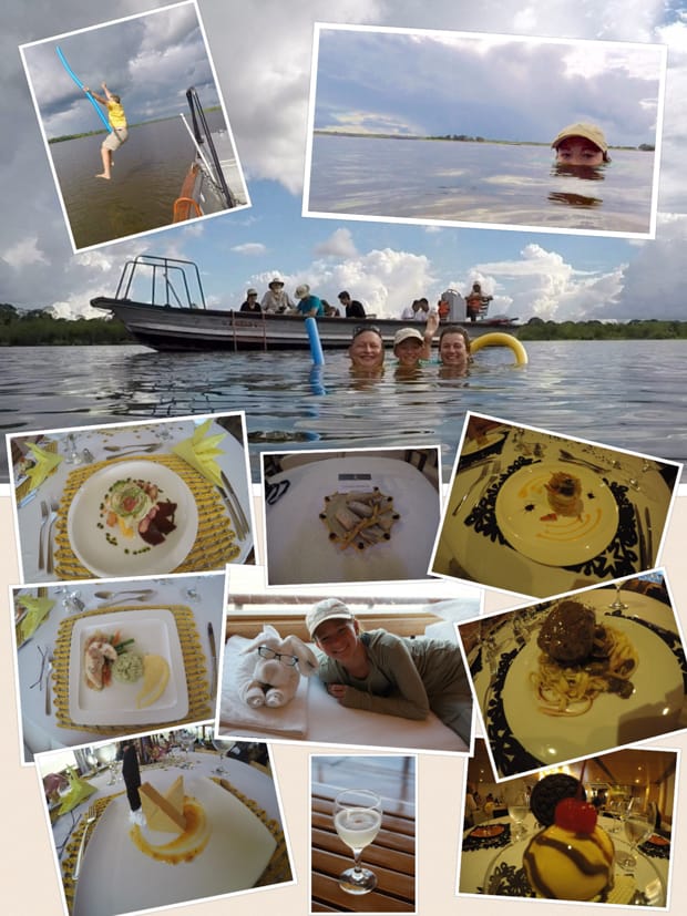 Collage of photos taken aboard a small ship Amazon cruise including meals, towel animals, guests jumping off the boat and swimming. 