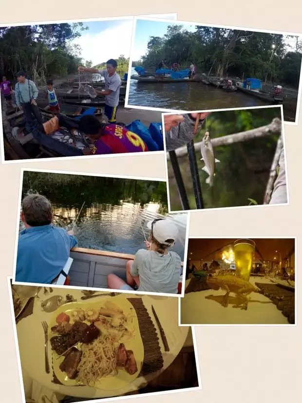 Collage of photos from a small ship cruise in the Amazon including meeting locals, fishing, and meals. 