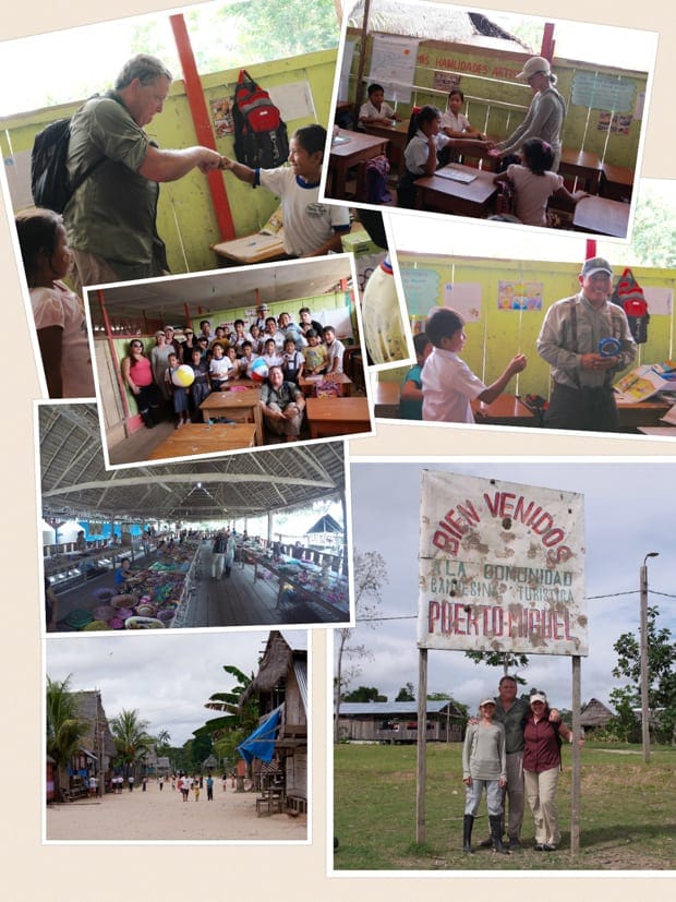 Collage of photos from a small ship cruise in the Amazon meeting local school children in a village. 