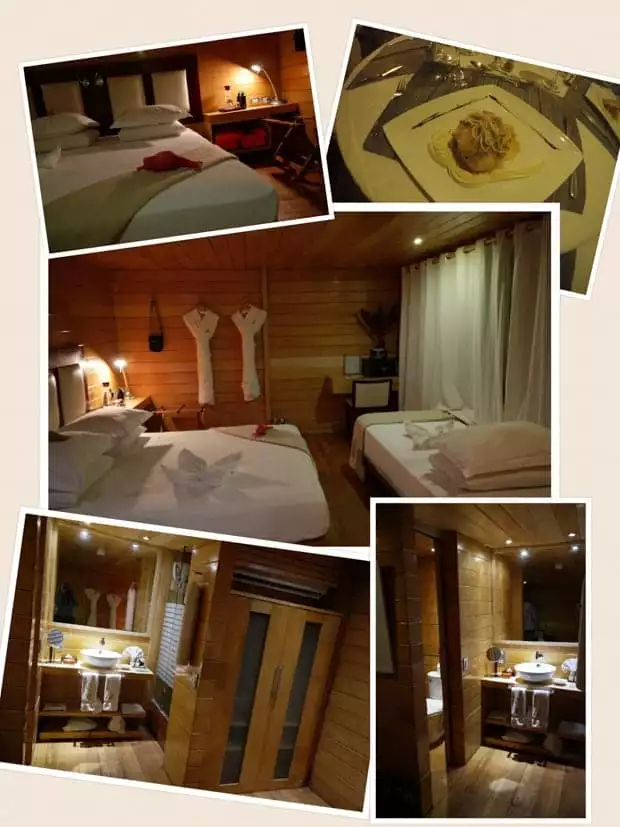Collage of cabin and meal photos taken aboard the small ship cruise Delfin II in the Amazon.