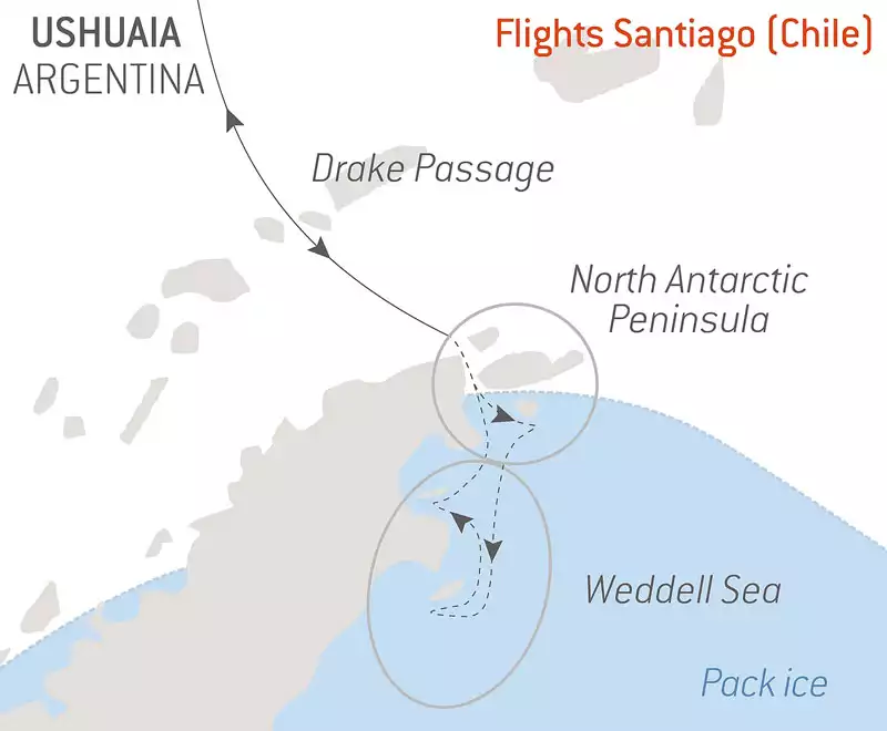 Route map of The 14-day Emperor Penguins of Weddell Sea Antarctica cruise aboard Le Commandant Charcot, round-trip from Ushuaia, Argentina, with bookend flights via Santiago, Chile, and visits to the North Antarctic Peninsula & Drake Passage.