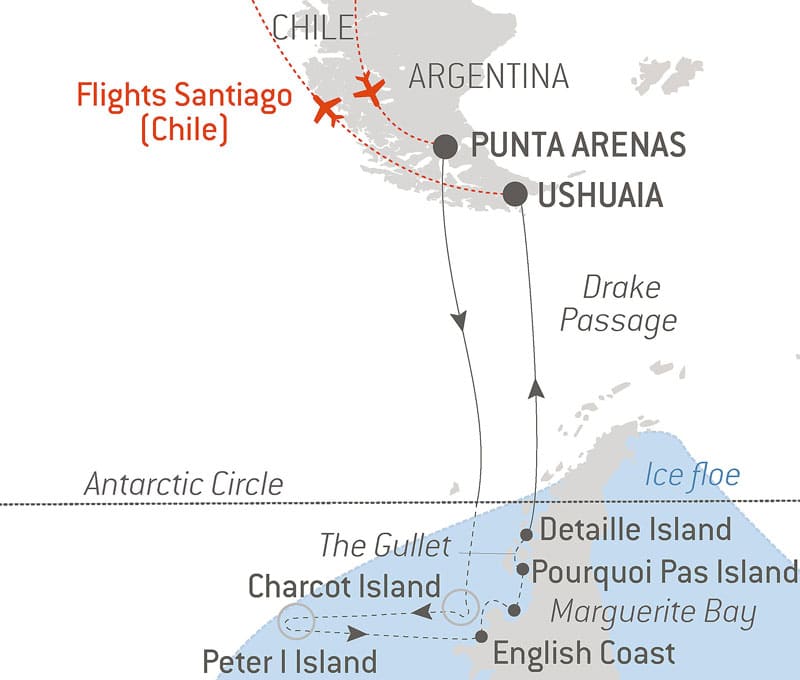 Route map of the Emperor Penguins of Bellingshausen Sea cruise aboard Le Commandant Charcot, cruising from Punta Arenas, Chile, to Ushuaia,, Argentina, with round-trip bookend flights via Santiago, Chile, and visits to the Antarctic Circle, Charcot Island, Peter I Island, English Coast, Marguerite Bay, Stonington Island, Pourquoi Pas Island, Detaille Island & Drake Passage.