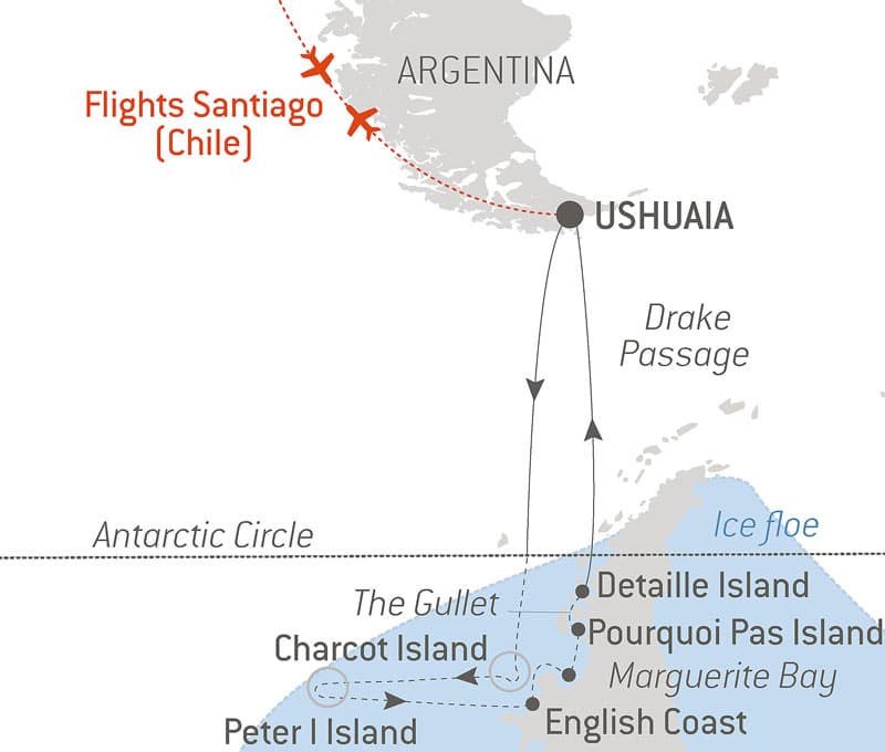 Route map of the Emperor Penguins of Bellingshausen Sea cruise aboard Le Commandant Charcot, cruising round-trip from Ushuaia,, Argentina, with round-trip bookend flights via Santiago, Chile, and visits to the Antarctic Circle, Charcot Island, Peter I Island, English Coast, Marguerite Bay, Stonington Island, Pourquoi Pas Island, Detaille Island & Drake Passage.