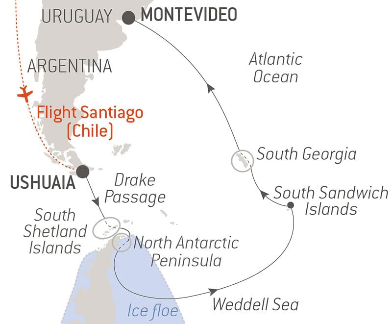 Route map of The Weddell Sea & South Sandwich Islands Antarctica cruise aboard Le Commandant Charcot, flying from Santiago, Chile, to embark Ushuaia, Argentina, and disembarking in Montevideo, Ushuaia, with visits to the South Shetland Islands, North Antarctic Peninsula, Drake Passage and South Georgia.