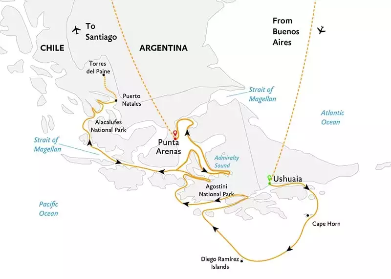 Route map of Essential Patagonia: Chilean Fjords & Torres del Paine Cruise, operating from Buenos Aires to Ushuaia, Argentina for embarkation, disembarking at Punta Arenas, Chile and ending in Santiago, Chile.