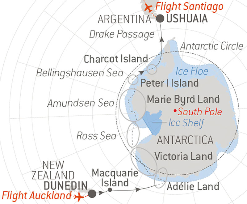 Route map of the From Dumont d'Urville to Mawson-Retracing Heroic Age Expeditions voyage on Le Commandant Charcot, cruising from Dunedin, New Zealand,, to Ushuaia, Argentina, with visits to the Antarctic Circle, Charcot Island, Peter I Island, Bellingshausen Sea, Amundsen Sea, Ross Sea, Victoria Land, Adelie Land, Macquarie Island.