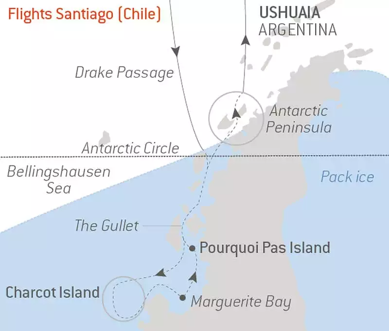 Route map of the In The Wake of Jean-Baptiste Charcot voyage aboard Le Commandant Charcot, cruising round-trip from Ushuaia,, Argentina, with round-trip bookend flights via Santiago, Chile, and visits to the Antarctic Circle, Charcot Island, Marguerite Bay, Pourquoi Pas Island, the Antarctic Peninsula & Drake Passage.