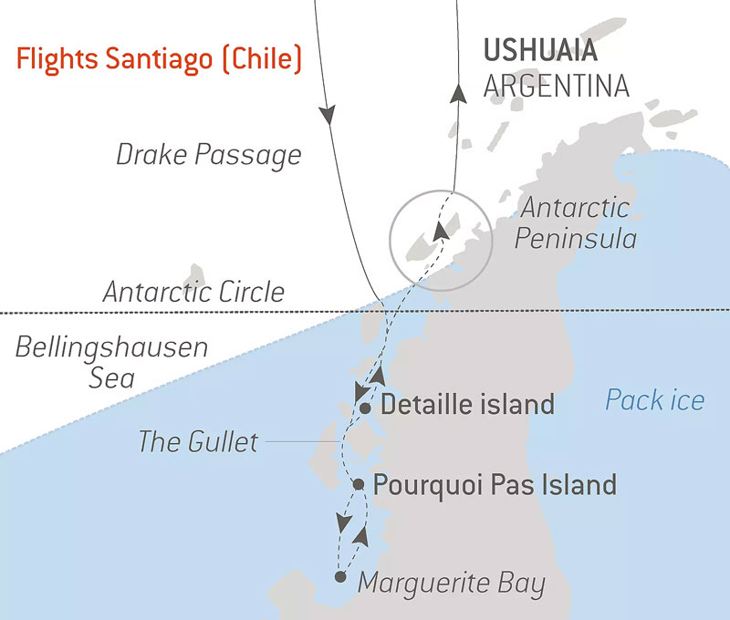 Route map of Odyssey in The Footsteps of Jean-Baptiste Charcot cruise aboard Le Commandant Charcot, cruising round-trip from Ushuaia,, Argentina, with round-trip bookend flights via Santiago, Chile, and visits to the Antarctic Circle, Marguerite Bay, Pourquoi Pas Island, Detaille Island & Drake Passage.