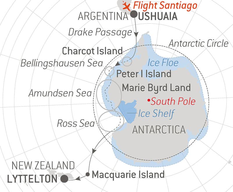 Route map of the Unexplored Antarctica: Between Two Continents voyage on Le Commandant Charcot, cruising from Ushuaia, Argentina, to Lyttelton, New Zealand, with visits to the Antarctic Circle, Charcot Island, Peter I Island, Bellingshausen Sea, Amundsen Sea, Ross Sea & Macquarie Island.